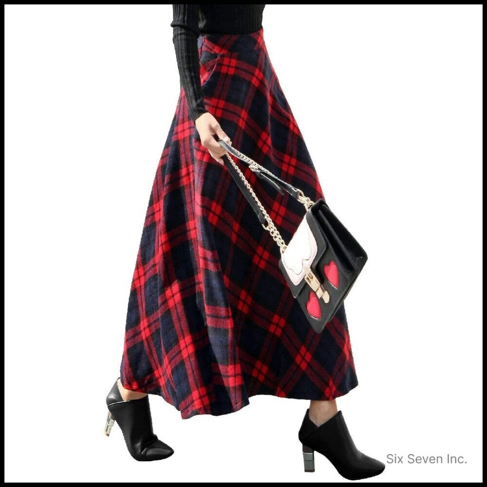 Long Plaid Wool Skirt High Elastic Waist A Line Flared Pleated Elegant